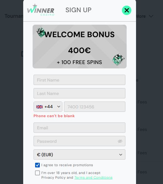 Register at Winner Casino and claim welcome bonus